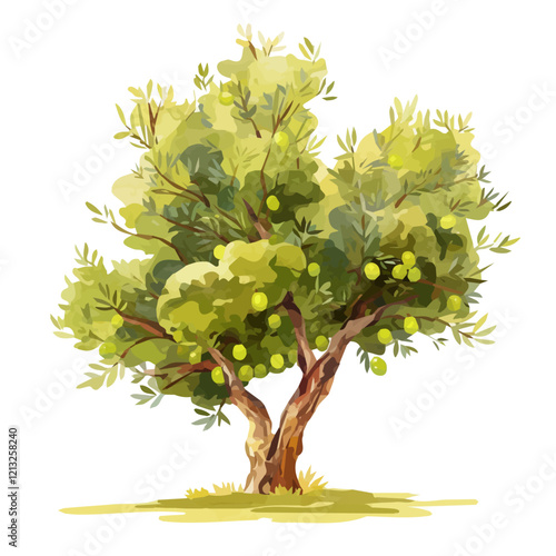 Olive Tree with Fruit – Watercolor Flat Vector, Mediterranean Orchard Scene, Lush Green Leaves with Ripening Olives, Digital Botanical Illustration  
