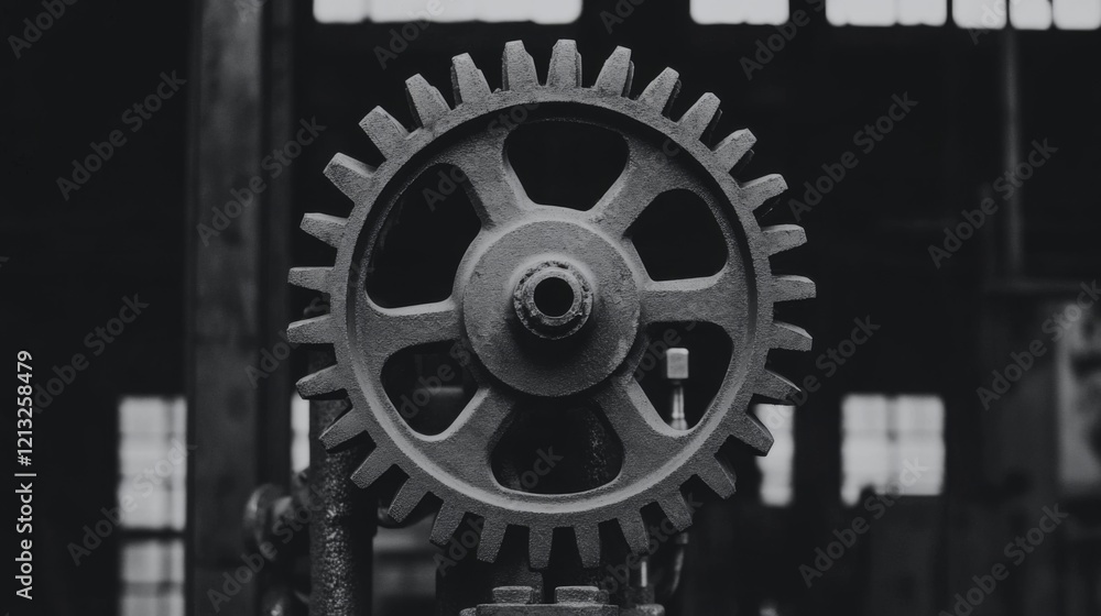 Close-up of a large, metallic gear in a dark industrial setting. Close-up of a large, metallic gear in a dark industrial setting.