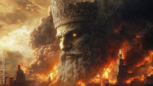 Ancient Colossal Statue in Fiery Landscape Dramatic Chiaroscuro Lighting Epic Baroque Art