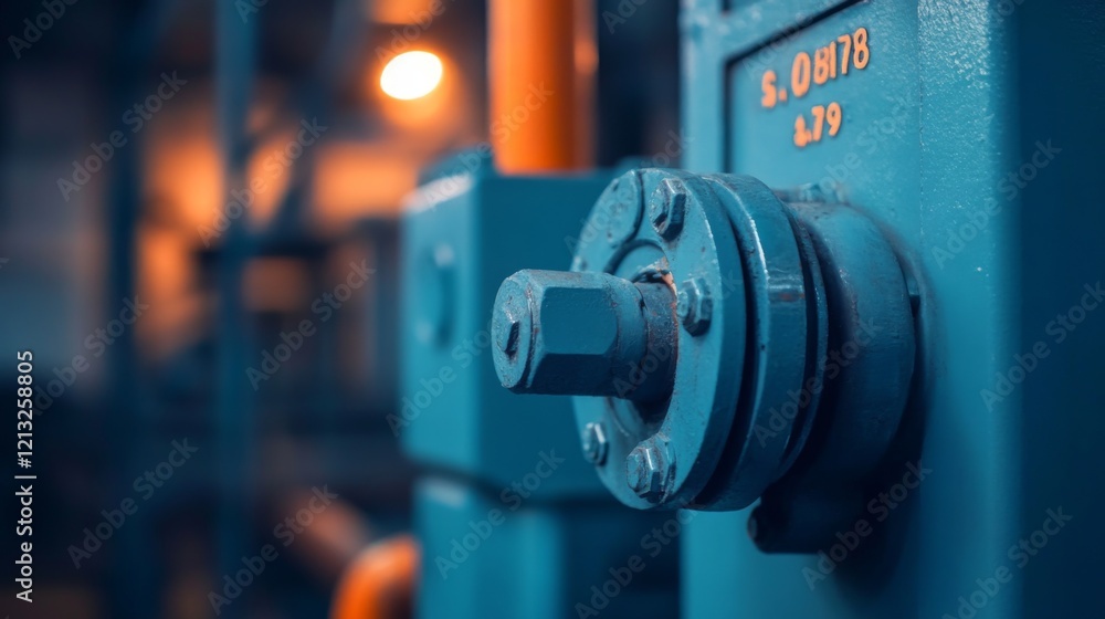 Close-up of a teal industrial valve with bolts and numbers.