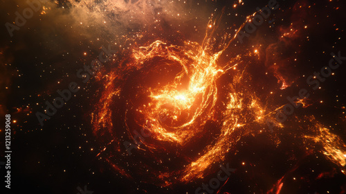 A radiant spiral galaxy with fiery red and gold tones, its spiraling arms reaching into the vast darkness of space, surrounded by shimmering dust clouds and clusters of tiny