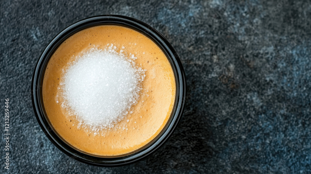 A small black bowl filled with a creamy orange mixture topped with a sprinkle of white granulated sugar on a dark surface. A small black bowl filled with a creamy orange mixture topped with a sprinkle of white granulated sugar on a dark surface.