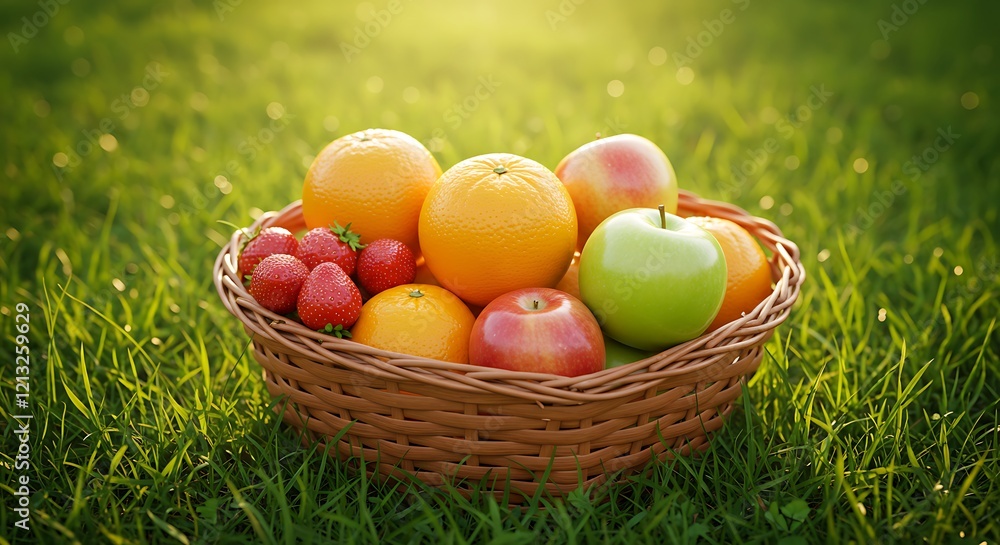 Fresh fruits in a wicker basket on green grass in a garden. Strawberries, oranges, apples, red and green. Fresh fruits in a wicker basket on green grass in a garden. Strawberries, oranges, apples, red and green.