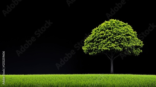 Solitary Tree Against Black: A single, vibrant green tree stands in stark contrast against a deep black background, creating a dramatic and minimalist image. photo