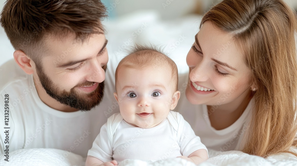 Happy family with baby on bed, indoor home setting, parental love Happy family with baby on bed, indoor home setting, parental love