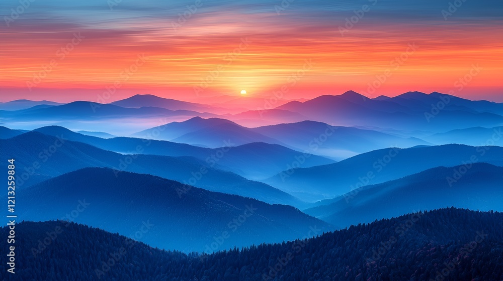 Obraz premium Sunrise over misty mountain range, aerial view, scenic landscape, travel photography