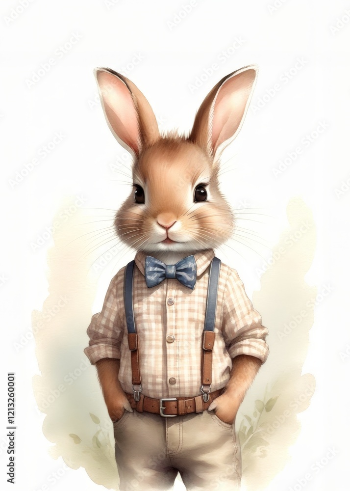 Obraz premium Ein stilvoller Osterhase trägt Hosenträger, Hemd und eine Fliege. Ein charmantes und elegantes Ostermotiv mit Vintage-Flair. Generative KI.