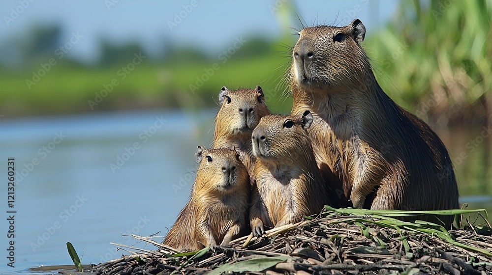 Capybara family relaxing by river, Pantanal wetlands, wildlife conservation Capybara family relaxing by river, Pantanal wetlands, wildlife conservation