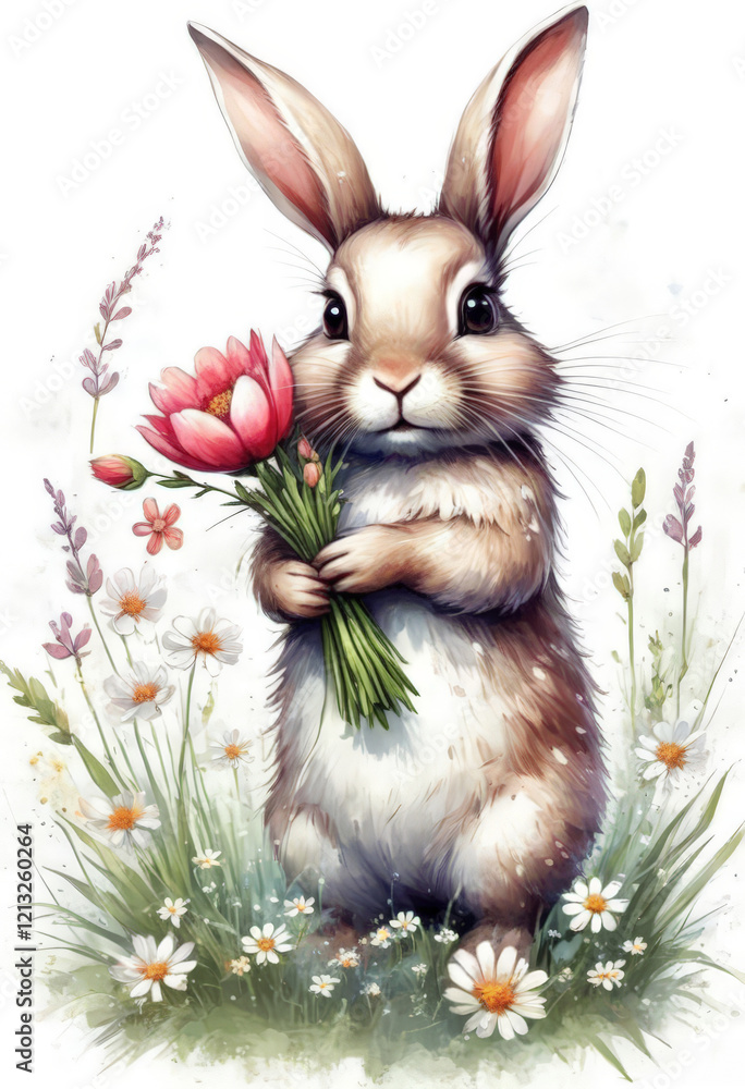 Fototapeta premium Ein bezaubernder Hase hält Tulpen, umgeben von Blumen und Schmetterlingen in einer Frühlingswiese. Sanftes Naturmotiv. Generative KI.