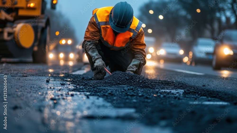 Road Worker Filling a Pothole with Asphalt Road Worker Filling a Pothole with Asphalt