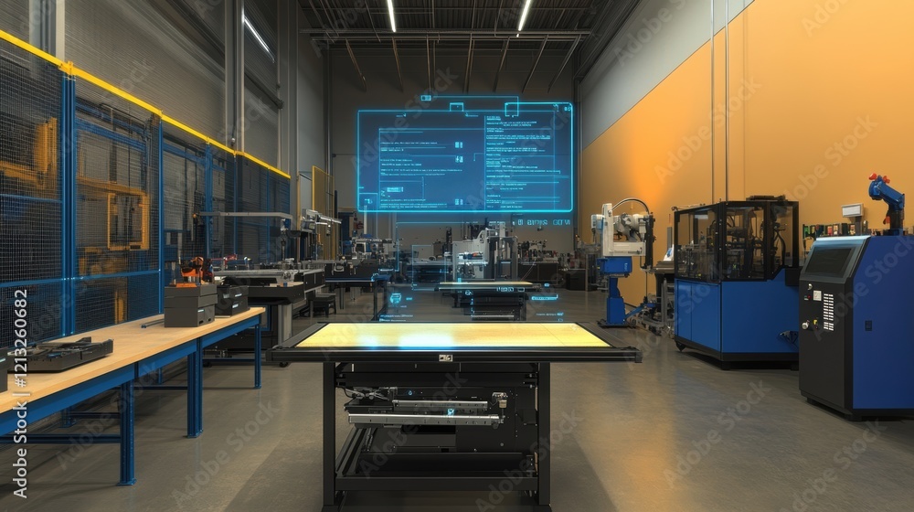 Futuristic holographic screen displaying data and statistics in a smart factory, with industrial machinery and robots operating, highlighting technology and automation in manufacturing Futuristic holographic screen displaying data and statistics in a smart factory, with industrial machinery and robots operating, highlighting technology and automation in manufacturing