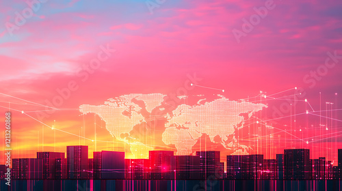 Global logistics network featuring shipping containers, interconnected by digital data lines, against a digital world map and stunning sunset colors photo