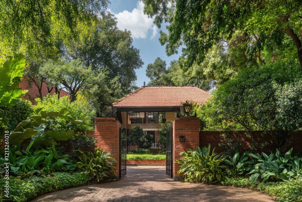 A stunning entrance to a beautiful garden, featuring vibrant greenery and an attractive house, all basking in the warm sunlight of a peaceful suburban neighborhood