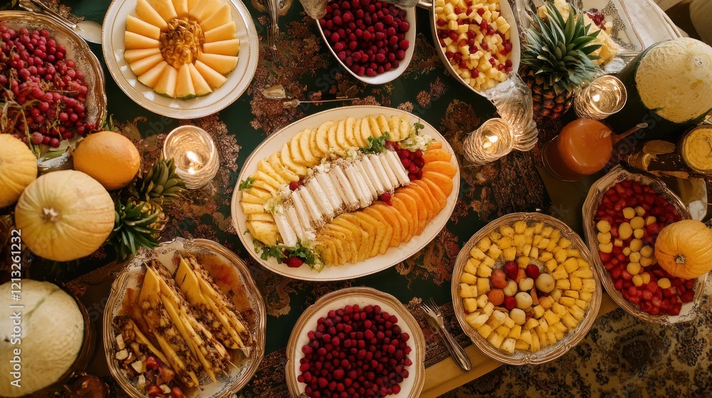 Overhead view of a lavish fruit and dessert buffet featuring melon, berries, pineapple, and pastries. Overhead view of a lavish fruit and dessert buffet featuring melon, berries, pineapple, and pastries.