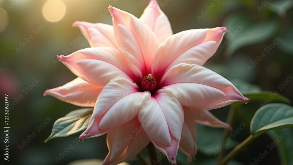 Fototapeta premium A Hoya carnosa flower with waxy, star-shaped petals in pink or white, featuring a darker center. Its glossy surface glows in soft light, creating an elegant and ethereal atmosphere in the garden.
