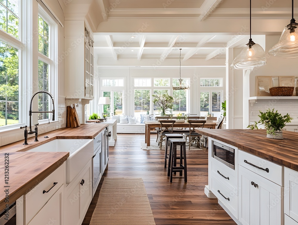 Fototapeta premium Bright Farmhouse Kitchen with Warm Wood Accents and Sunlit Views