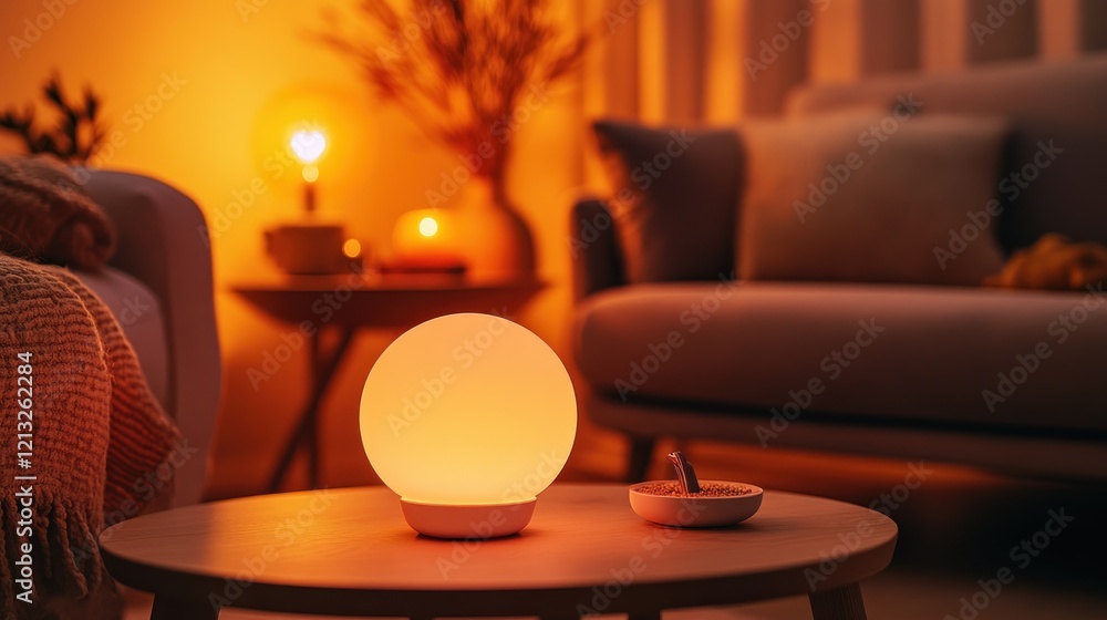 Obraz premium Warm-light sphere lamp illuminates cozy living room at night