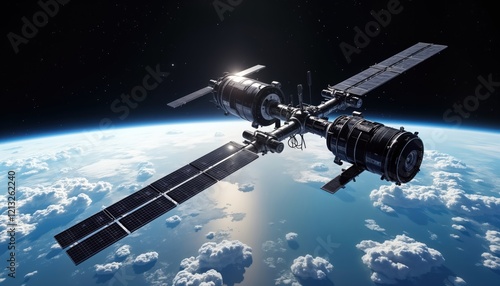 Fototapeta Naklejka Na Ścianę i Meble -  Futuristic space station orbits Earth. Modern space station serves as hub for science research, international collaboration. Complex structure with solar panels. Earth seen below with clouds.
