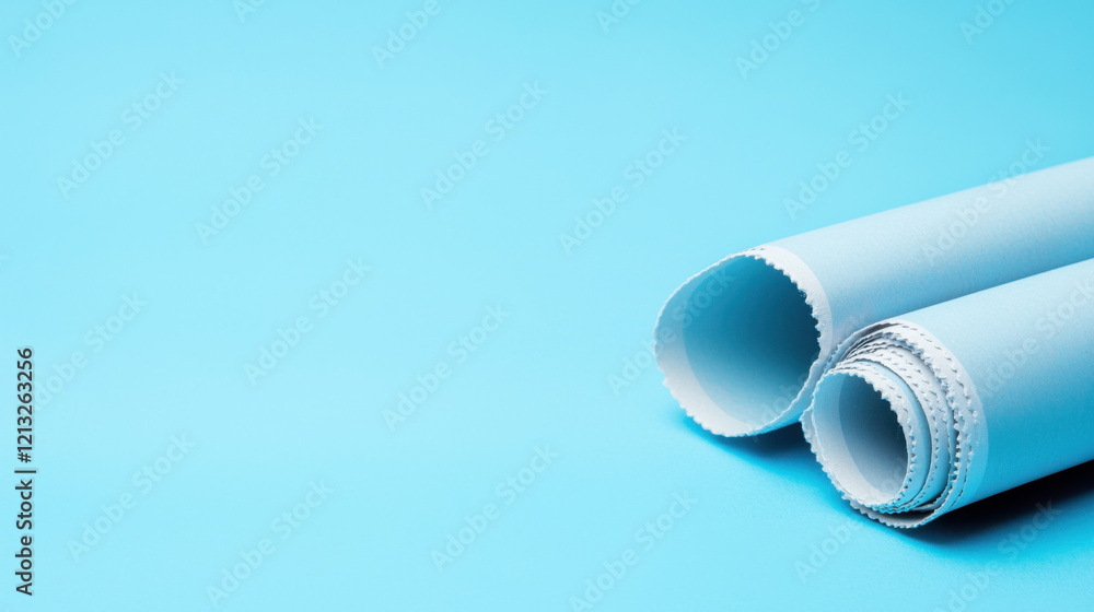 Two rolled blueprints on a bright blue background, symbolizing design, architecture, and planning. Two rolled blueprints on a bright blue background, symbolizing design, architecture, and planning.