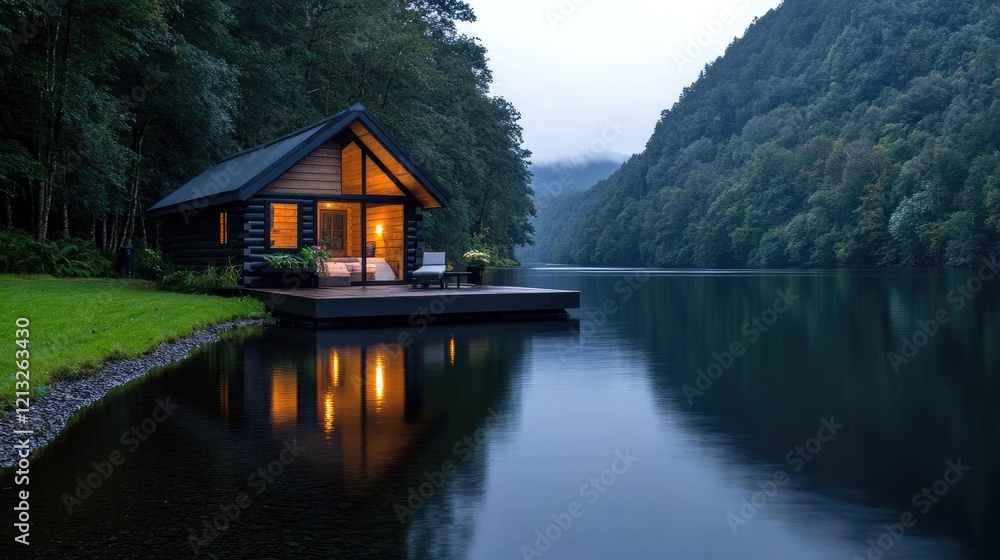 Fototapeta premium Lakeside cabin at dusk, nestled in forest, calm water reflects lights. Ideal for travel brochures