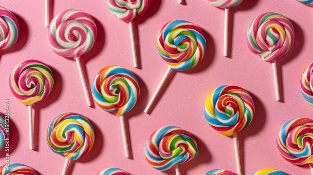 Row of colorful lollipops with a pink background Row of colorful lollipops with a pink background