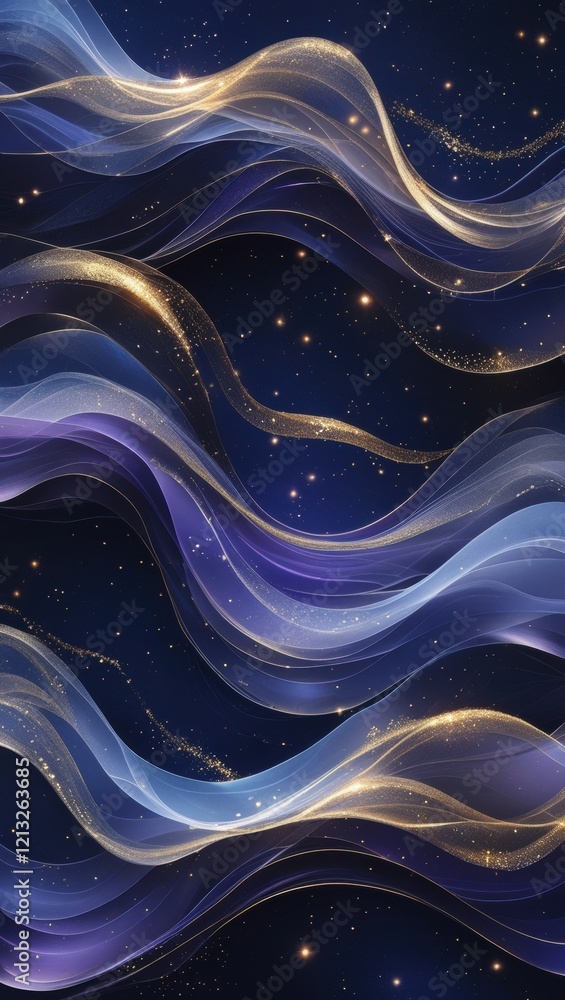Ethereal abstract cosmic waves undulate across the canvas in a rich, dark blue and violet color palette, punctuated by shimmering golden highlights that evoke the twinkling essence of stardust. Ethereal abstract cosmic waves undulate across the canvas in a rich, dark blue and violet color palette, punctuated by shimmering golden highlights that evoke the twinkling essence of stardust.