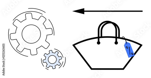 Gears, arrow pointing to a shopping bag with a price tag. Ideal for manufacturing, retail, e-commerce, integration, production efficiency, supply chain. Abstract line flat metaphor