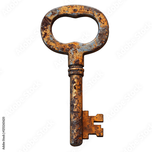 A close up of a vintage rusty metal key