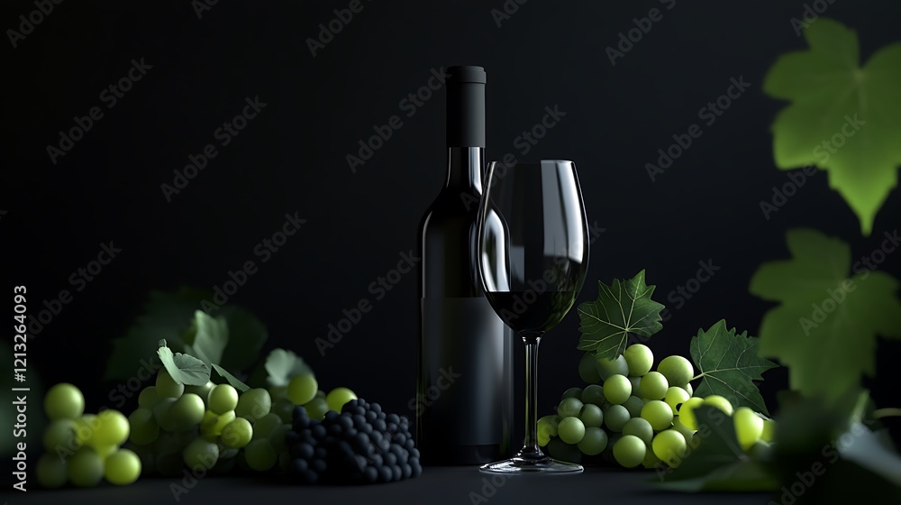Fototapeta premium Elegant setup of wine bottles and glasses accompanied by fresh grapes in a dark environment