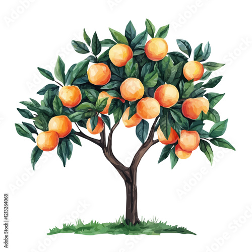 Peach Tree with Fruit – Watercolor Illustration, Vibrant Botanical Artwork, Fruit-Laden Tree, Nature-Inspired Watercolor Painting, Lush Orchard Scene
