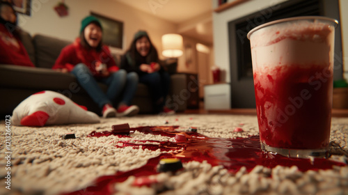 A spilled drink with a red liquid creates a messy scene on a carpet, while people in red attire enjoy themselves in a cozy living room.