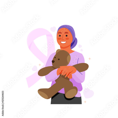 Vector of happy little girl bring and hug teddy bear with cancer and pink ribbon on the background