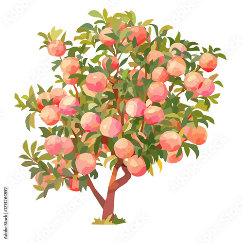 Peach Tree with Fruit – Watercolor Illustration, Vibrant Botanical Artwork, Fruit-Laden Tree, Nature-Inspired Watercolor Painting, Lush Orchard Scene
