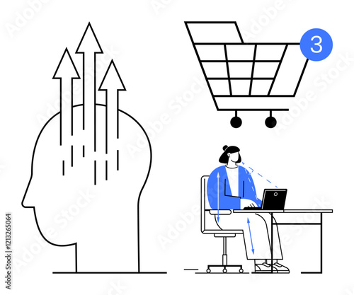Human head with upward arrows representing thoughts, woman working on laptop, shopping cart with three notifications. Ideal for ecommerce, online shopping, digital marketing, business, productivity