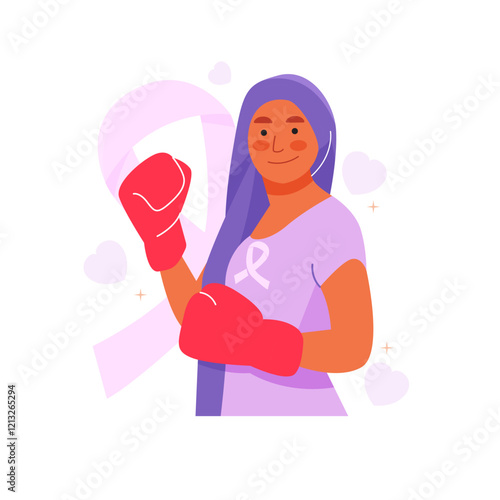 Vector of woman use boxing gloves to fight her cancer with pink ribbon on the background