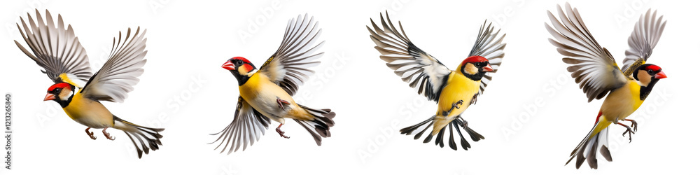 Obraz premium European Goldfinch in Flight – Realistic High-Resolution Birds with Spread Wings – Detailed Goldfinch Illustrations with Red Face, Yellow Wing Bars – Isolated on Transparent Background