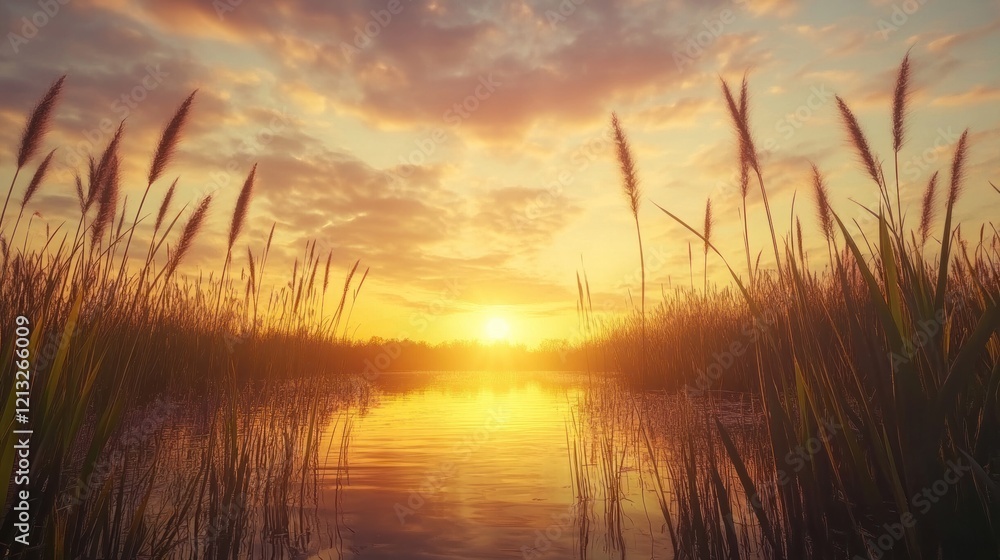 Golden Sunset over Serene Lake with Tall Grasses Golden Sunset over Serene Lake with Tall Grasses