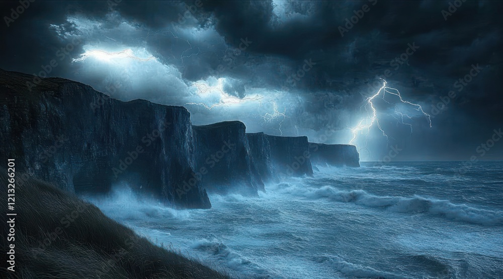 Intense Stormy Coastal Scene with Dramatic Lightning Strikes Over Rugged Cliffs and Turbulent Ocean Waves Intense Stormy Coastal Scene with Dramatic Lightning Strikes Over Rugged Cliffs and Turbulent Ocean Waves