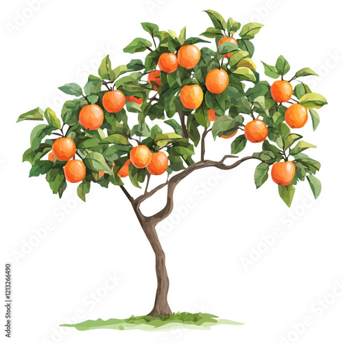 Persimmon Tree with Fruit | Vibrant Watercolor Flat Vector Illustration.  

