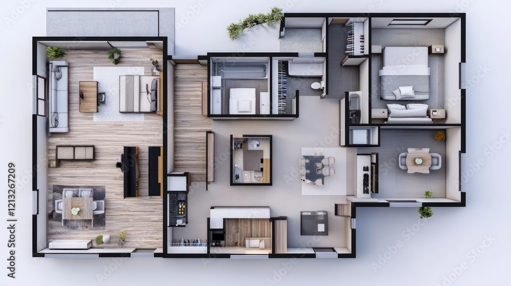A sleek, visually stunning 3D house plan created for real estate promotions and buyer engagement A sleek, visually stunning 3D house plan created for real estate promotions and buyer engagement