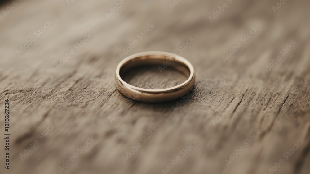 Simple gold wedding band rests on rustic wood. Simple gold wedding band rests on rustic wood.
