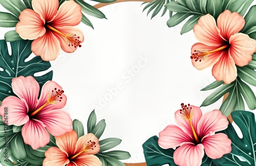 Floral round shape design with colorful flowers, rich green tropical leaves. Tropical flower pattern creates frame. Suitable for sale banners flyers templates. Spring summer theme. Perfect for photo