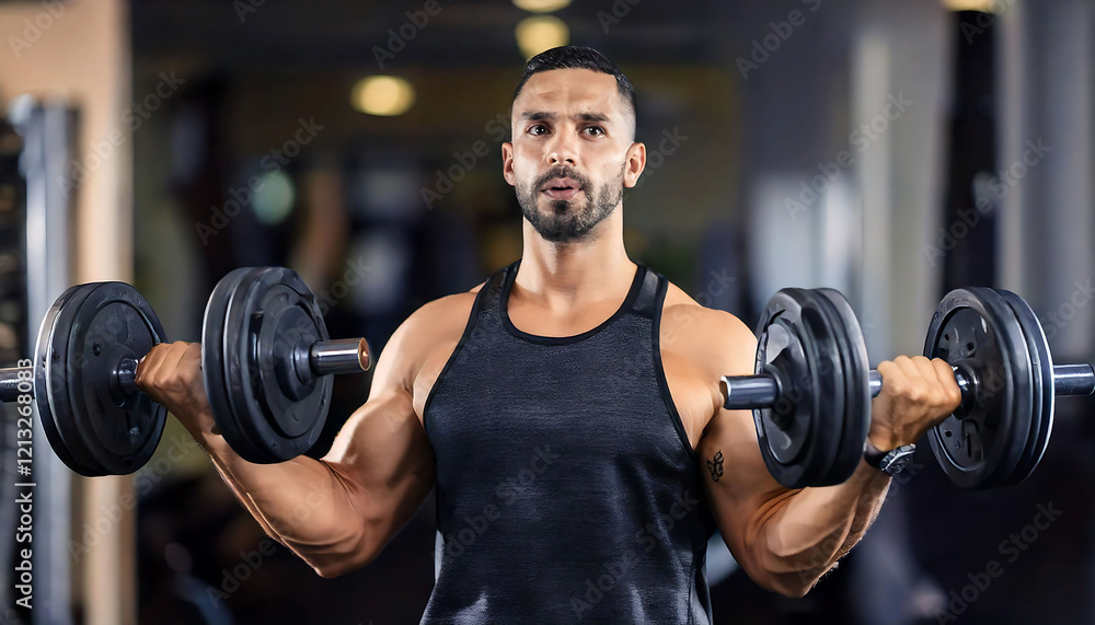 Powerful image of a muscular man performing bicep curls with dumbbells in a gym. Perfect for fitness, health, strength, and workout themes. Powerful image of a muscular man performing bicep curls with dumbbells in a gym. Perfect for fitness, health, strength, and workout themes.