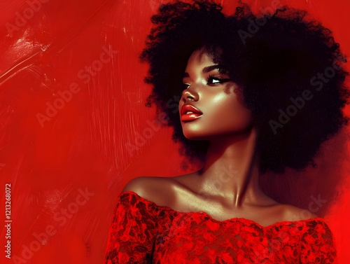 Red-Draped Beauty: A Dramatic Portrait of a Woman with an Afro photo