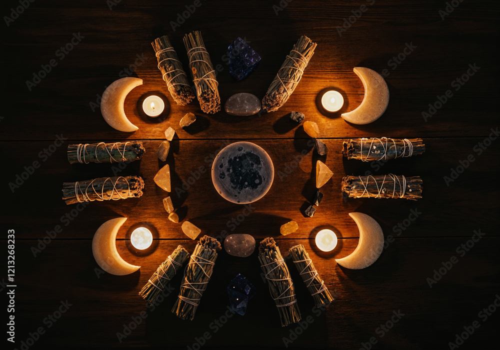 Obraz premium Smudging herbs, crystals, candles, and moon shapes arranged on a wooden table, creating a mystical atmosphere for spiritual practices