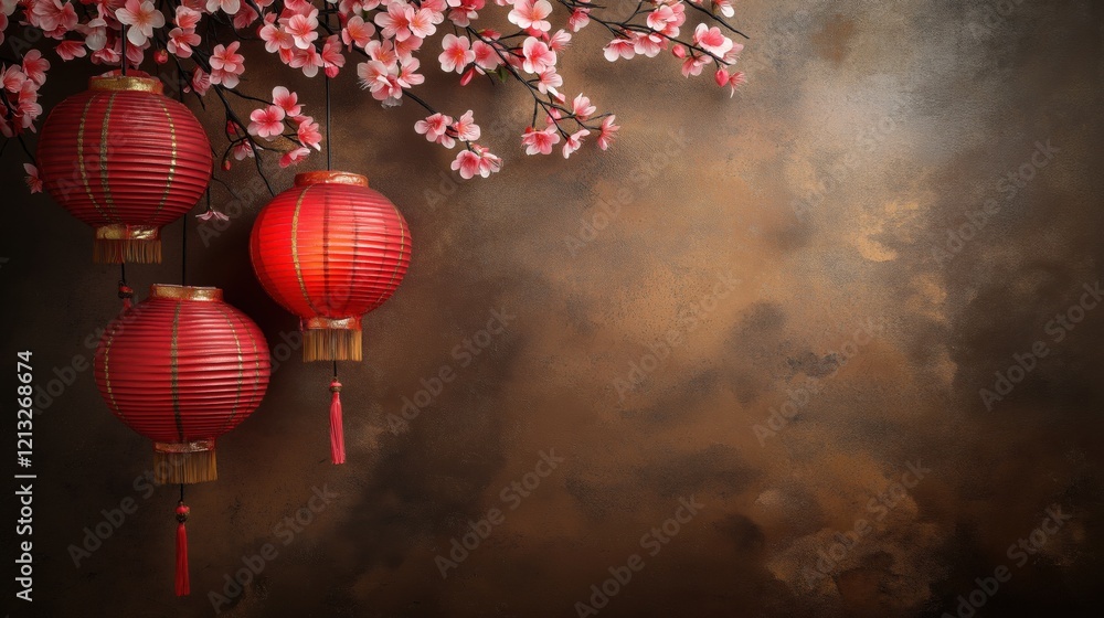 Fototapeta premium Three traditional red Chinese lanterns hang alongside pink cherry blossoms, set against a rustic brown textured background. Custom Chinese New Year concept. 