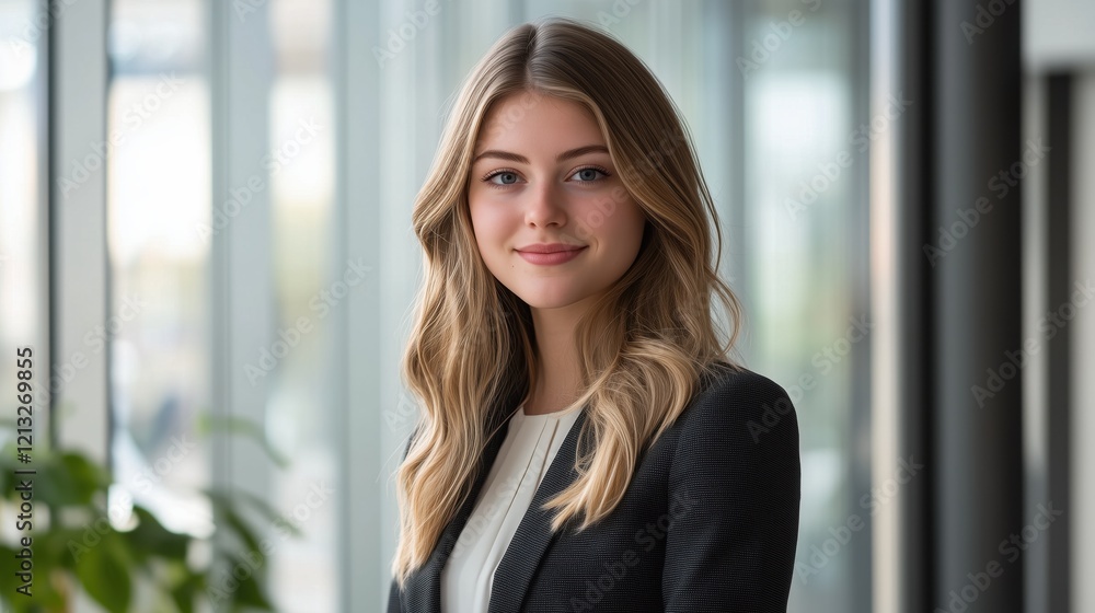 Confident young blonde woman wearing a black suit smiling while working at a modern day law firm. Confident young blonde woman wearing a black suit smiling while working at a modern day law firm.