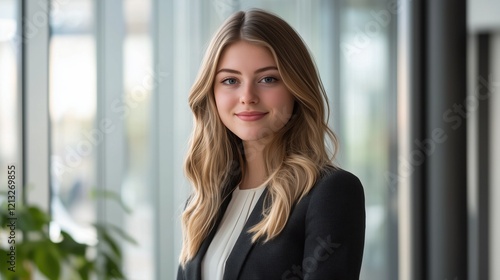 Free Download Confident young blonde woman wearing a black suit smiling while working at a modern day law firm. - GFXLoad