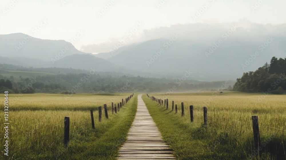Wooden path through grassy field leading to misty mountains. Wooden path through grassy field leading to misty mountains.