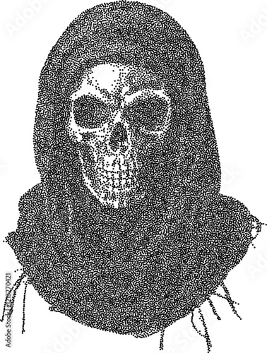 Reaper vintage y2k stipple art, ghost halftone stipple brutalist retro vector png with transparent background, death 2000s aesthetic photocopy effect tattoo
